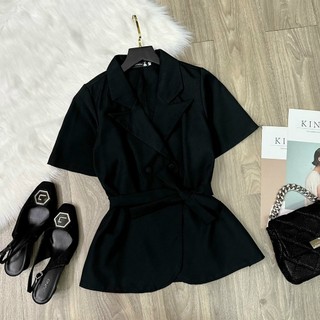 Áo nữ bigsize, áo cổ vest cột eo tay ngắn 4 nút