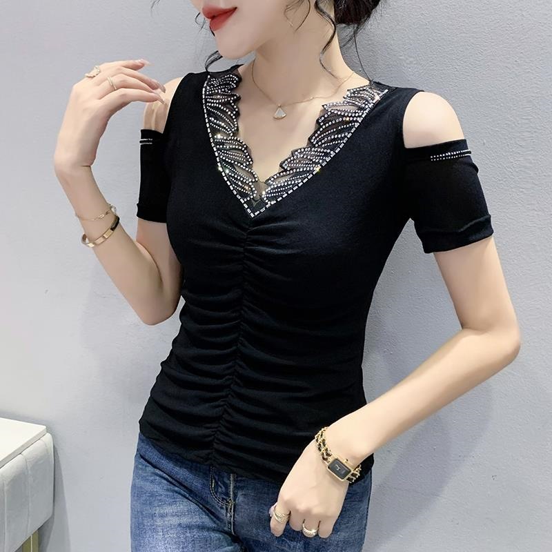Áo Lưới Trễ Vai Tay Ngắn Đính Đá Thời Trang Mùa Hè Cho Nữ