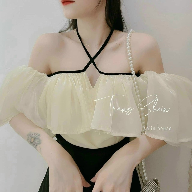Áo kiểu bẹt vai voan kính form xoè