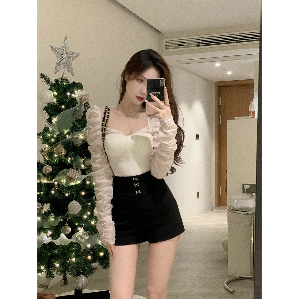 Bộ Áo Sơ Mi + Quần Short Lưng Cao Thời Trang Mùa Xuân 2023 Phong Cách Mới Cho Nữ