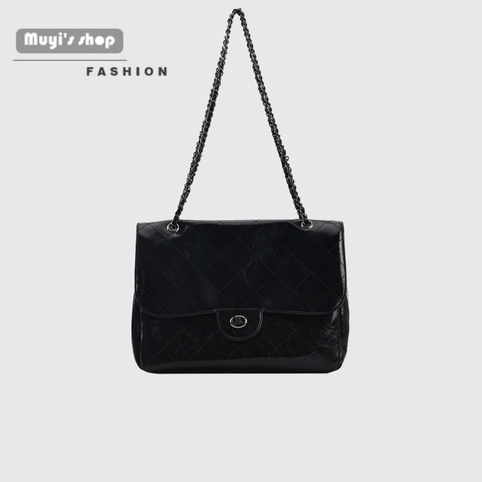 Túi Xách Cỡ Lớn Màu Đen Đính Đá Phối Dây Xích Thời Trang Phong Cách Retro