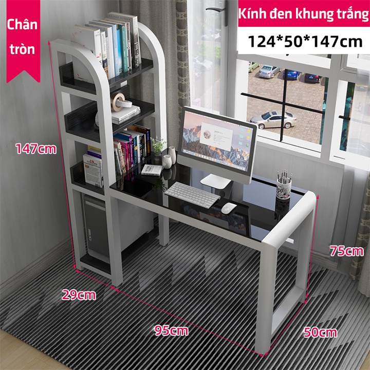 Bàn làm việc liền kệ sách,bàn làm việc, bàn làm việc mặt bàn kính cường lực kích thước 124x50x147cm