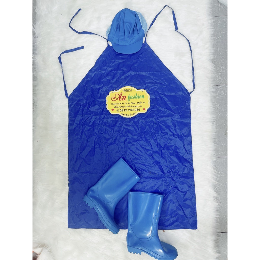 [Tạp dề+Nón+Ủng] Tạp dề nhựa, đồng phục thủy sản chống thấm nước màu xanh_ Hình chụp thât