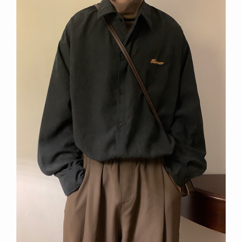 Áo Sơ Mi Burgundy Nam Dài Tay Áo Sơ Mi Rời Phong Cách Retro Mỹ Áo Khoác