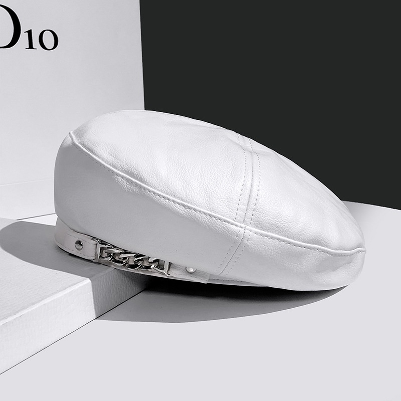 Mũ beret Da pu Cao Cấp Phối Dây Xích Phong Cách Anh Quốc Nhật Hàn Cho Nam Nữ
