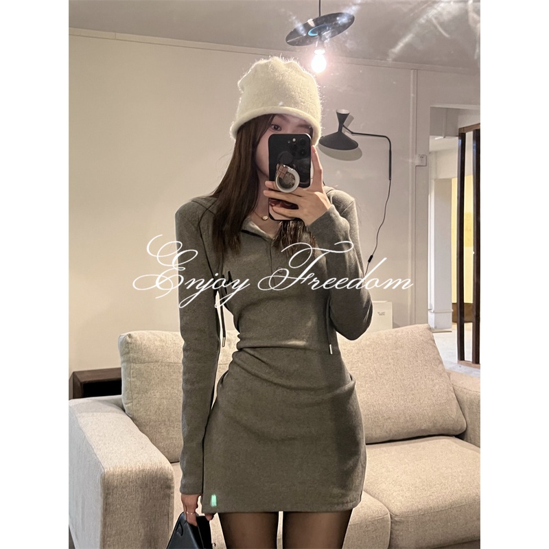 Đầm Dệt Kim Tay Dài Có Mũ Trùm Thiết Kế Mới Thời Trang Theo Phong Cách Hàn Quốc Cho Nữ