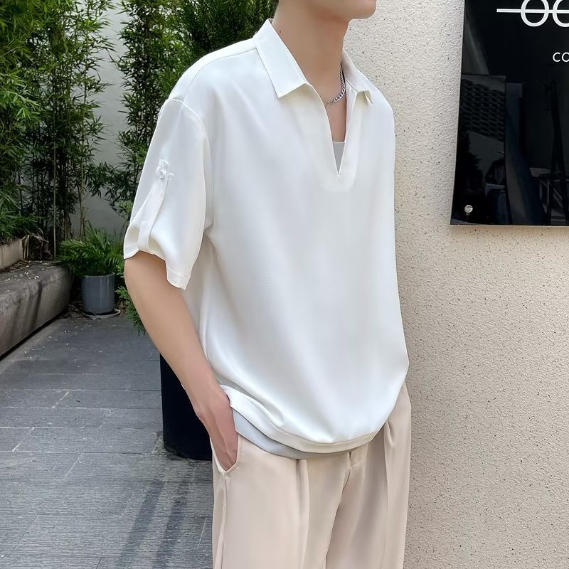 Áo Thun polo Giả Hai Mảnh Dáng Rộng Tay Ngắn Màu Trơn Vải Lụa Lạnh Cao Cấp Phong Cách Hàn Quốc Thời Trang Mùa Hè Hàng Mới 2022 Dành Cho Bạn Nam
