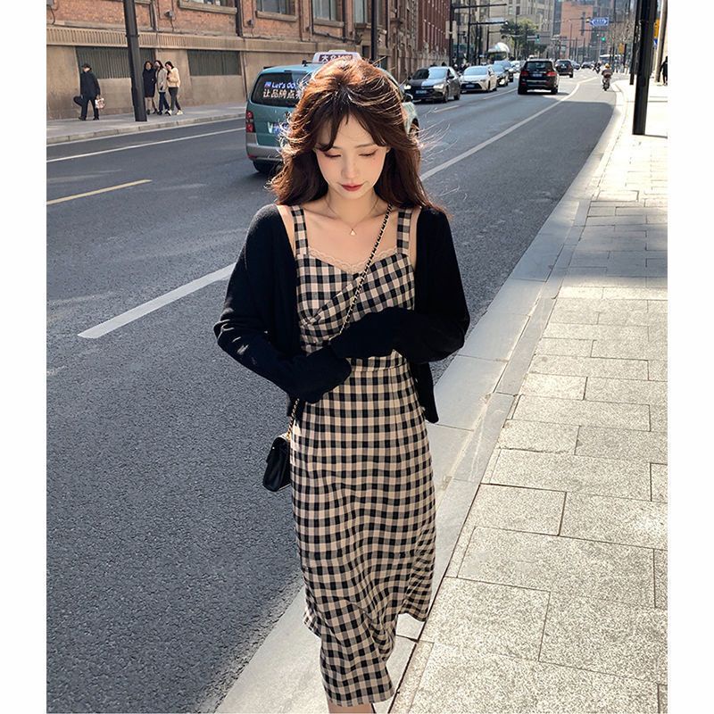 Đầm Dệt Kim Dáng Dài Chống Nắng Họa Tiết Sọc Caro Phong Cách Pháp Cổ Điển Thời Trang Mùa Xuân Cho Nữ