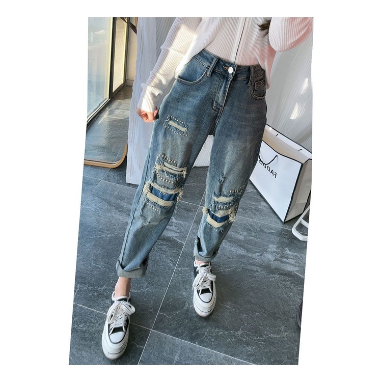 Quần Jean Rách Đính Hạt Giả Nhỏ Phong Cách Mới 2023 Dễ Phối Đồ Cho Nữ