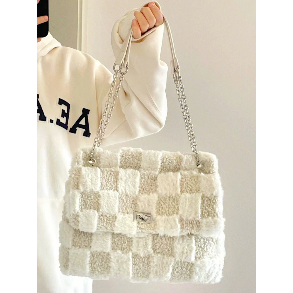 Túi Đeo Vai Họa Tiết Sọc Caro Phối Lông Thời Trang Cho Nữ