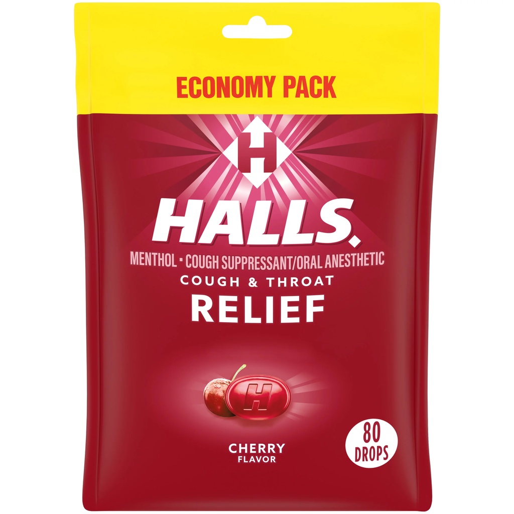 Kẹo ngậm không đường giảm ho HALLS - HALLS Relief Cherry Cough Drops Vị Cherry - 80 Viên