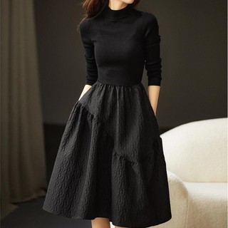 Đầm len đen tay dài eo cao ôm dáng thời trang cho nữ