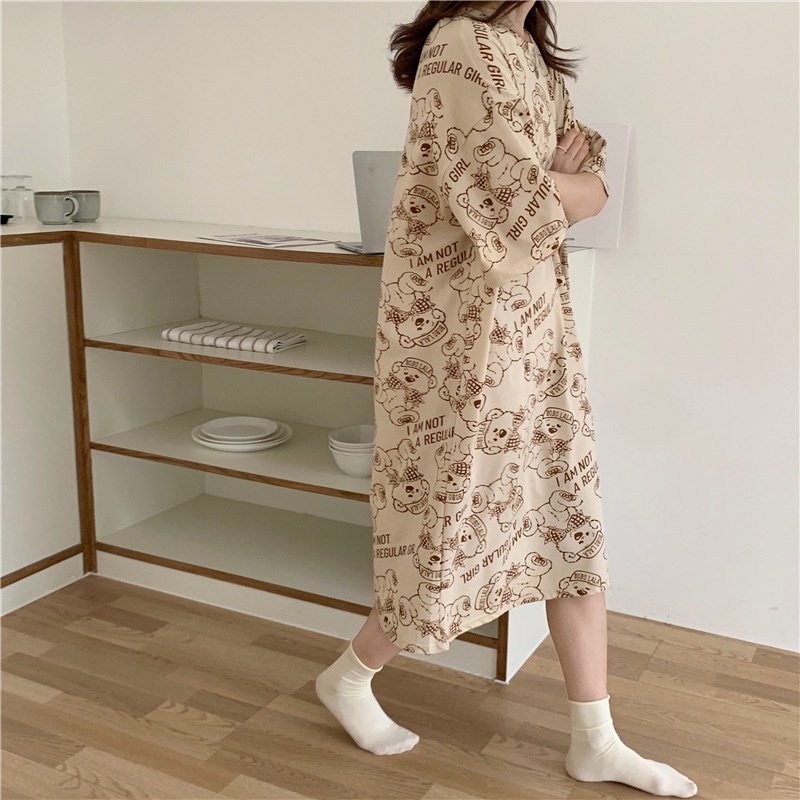 Đầm Ngủ cotton Mềm Mại Tay Ngắn In Họa Tiết Hoạt Hình Dễ Thương-AA0055