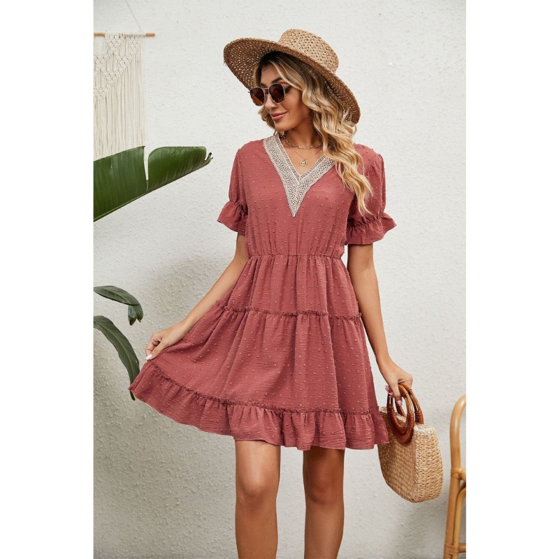 Xiangbao Đầm Mini Cổ Chữ V Lưng Cao Thời Trang Mùa Hè Giản Dị Dành Cho Nữ