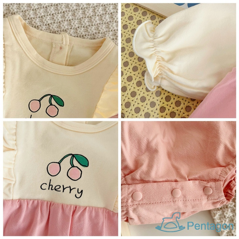 Bộ Áo Liền Quần Tay Dài Cổ Tròn In Họa Tiết Cherry Dễ Thương Thời Trang Cho Trẻ Sơ Sinh