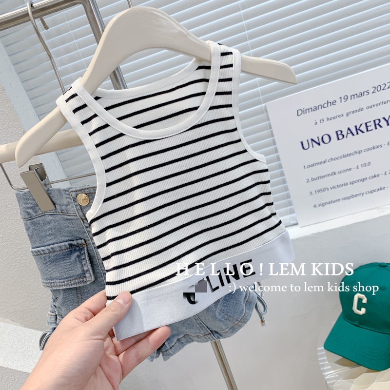 Áo Croptop Sát Nách Chất Liệu Cotton Kẻ Sọc Thời Trang Mùa Hè Cho Bé Gái