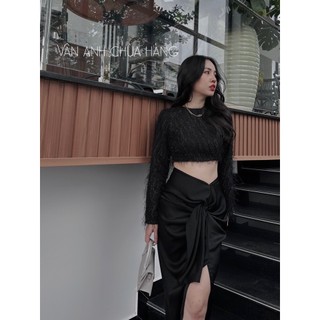 Set áo Croptop phối lông, chân váy lụa dài BAGEO