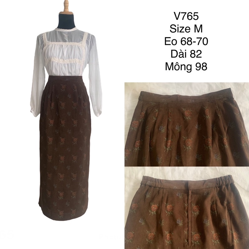 Chân váy suông V765 dáng dài hoạ tiết hoa hồng chất vải dày dặn 2hand Nhật si tuyển ảnh thật