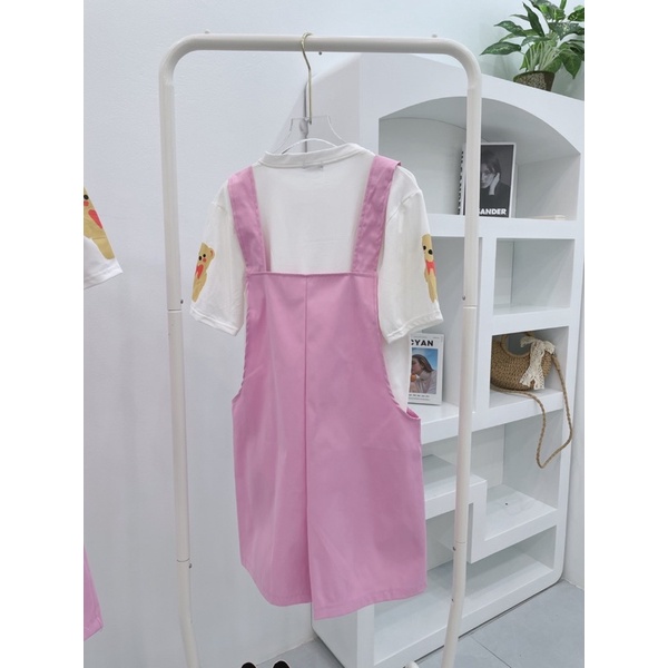 [ 𝐅𝐑𝐄𝐄 𝐒𝐇𝐈𝐏 ] Sét yếm gấu  Áo cotton. In 2 bên tay áo  Yếm chất kaki 2 da QC, có đai bấm oze điều chỉnh tuỳ ý