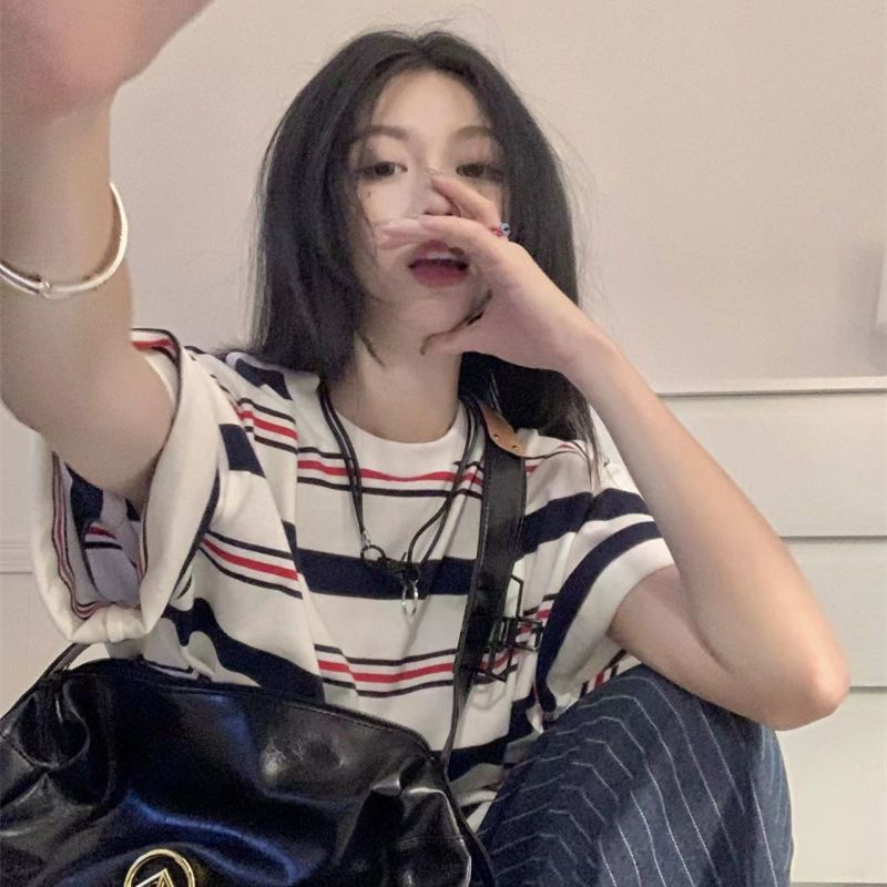 Jiashucheng Áo Thun Nữ Ngắn Tay Cổ Tròn Sọc Ngang Thời Trang Mới