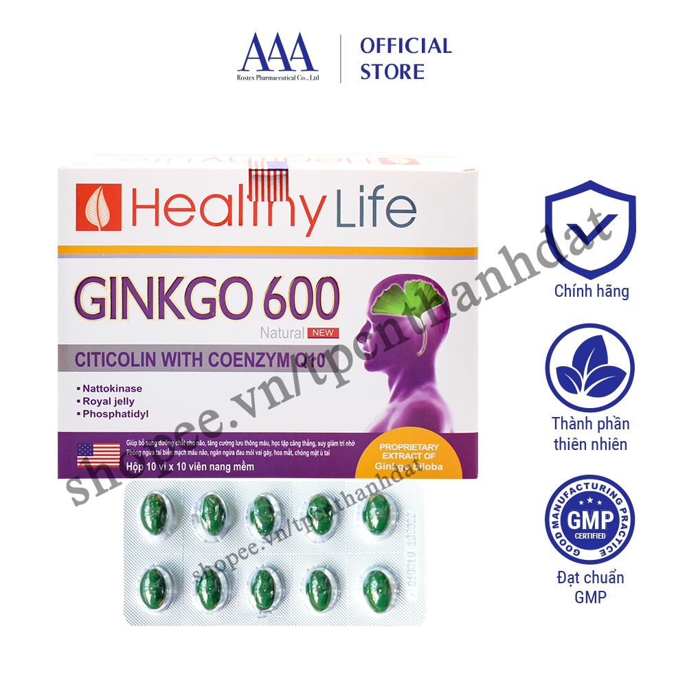 Viên uống bổ não GINKGO 600 hỗ trợ tăng cường tuần hoàn não, tăng cường trí nhớ giảm đau đầu - Hộp 100 viên