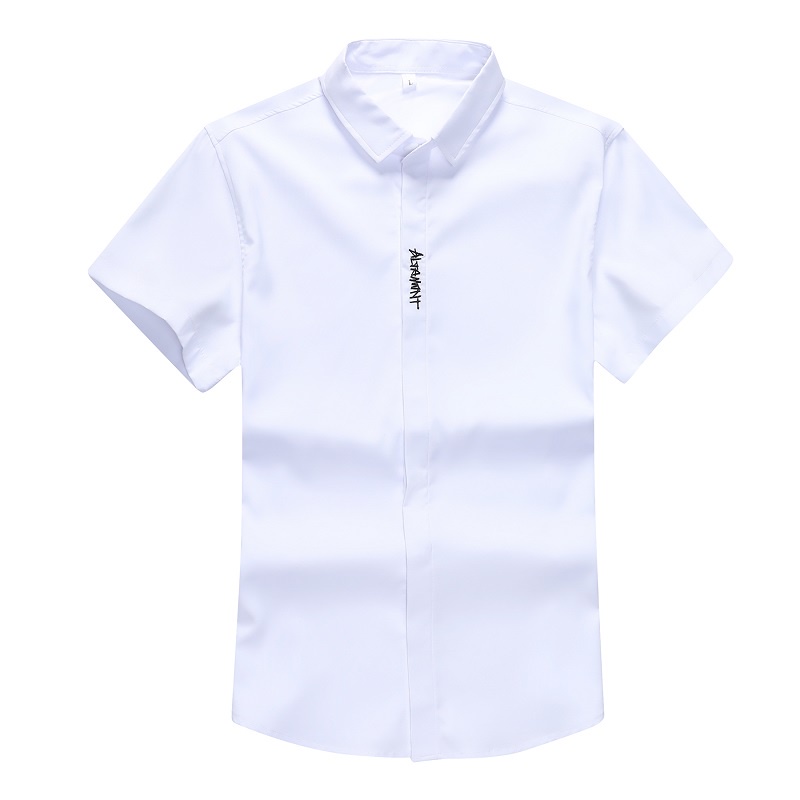 Áo Sơ Mi Lụa Lạnh Mỏng Ôm Dáng Màu Trơn Thêu Chữ Phối Nút Màu Đen / Trắng / Xanh Lá / Xanh Dương Kiểu Hàn Quốc Thời Trang Mùa Hè Cho Nam