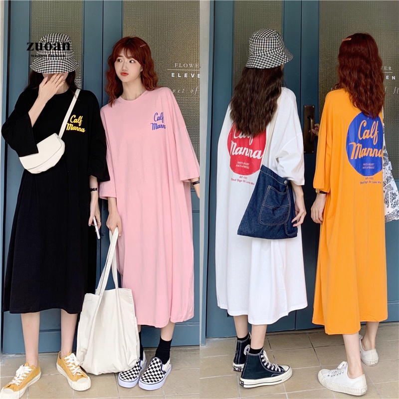Đầm suông chất cotton cổ tròn in chữ calf freesize dáng dài - Váy thun co dãn from rộng nhiều màu thời trang