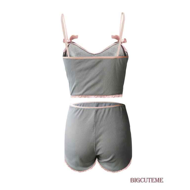 [] - Set Đồ 2 Món Gồm Áo Hai Dây Spaghetti Hai Dây Thắt Nơ Eo Co Giãn Phối Quần Short Lưng Thun
