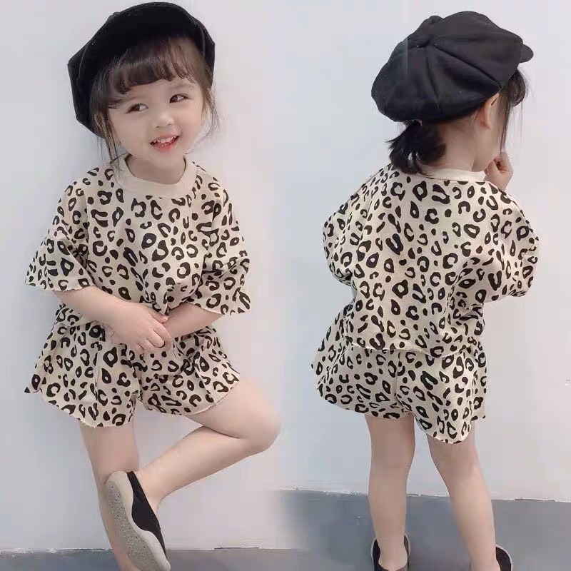 Bộ cộc tay cho bé gái, Quần áo mùa hè họa tiết da báo chất cotton mềm đẹp thấm hút tốt đủ size 1-8 tuổi BDB