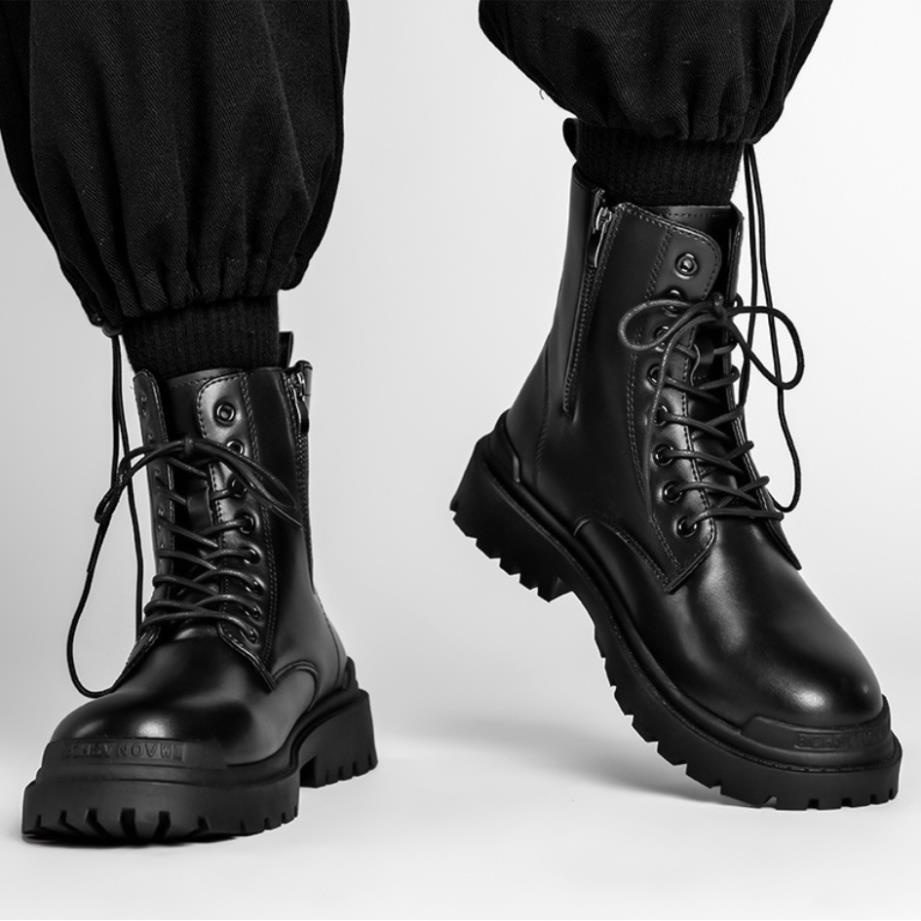Giày Combat Boots Zip Black, Đế Tăng Chiều Cao, Tăng 3,5cm