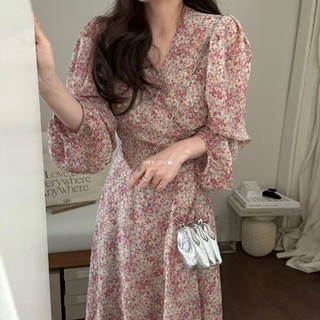 Đầm Dài Tay Phồng Cổ Chữ V Họa Tiết Hoa Phong Cách Hàn Quốc Thanh Lịch Cho Nữ