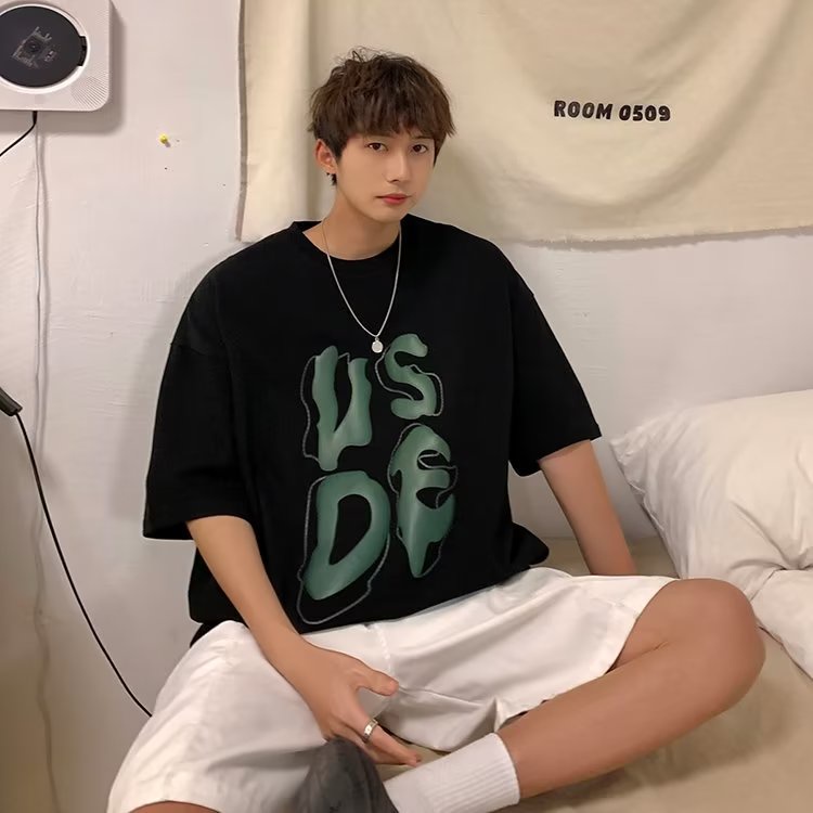 （size M-8XL）Áo Thun Mùa Hè Dáng Rộng Tay Ngắn In Chữ Màu Xanh Lá Cây Thoải Mái Có Size Lớn Cho Nam