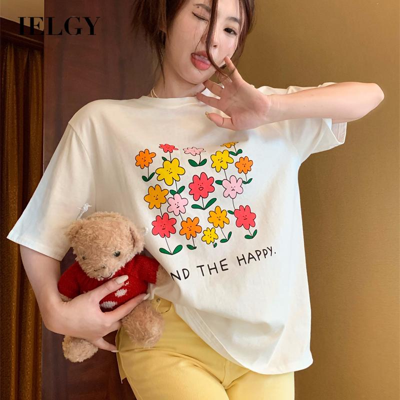 IELGY   Áo Thun Tay Ngắn In Hình Hoa Dễ Thương Dành Cho Nữ