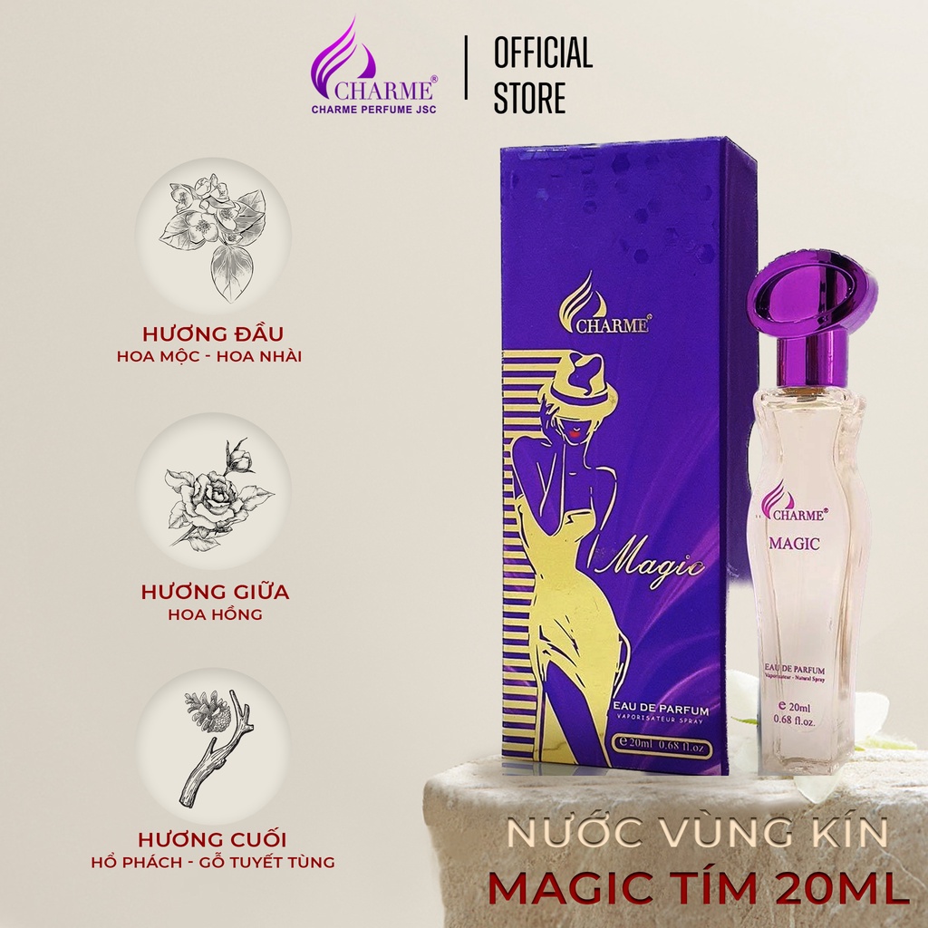 Nước hoa vùng kín, Charme Magic tím, nốt hương hoa, nhẹ nhàng nữ tính, 20ml