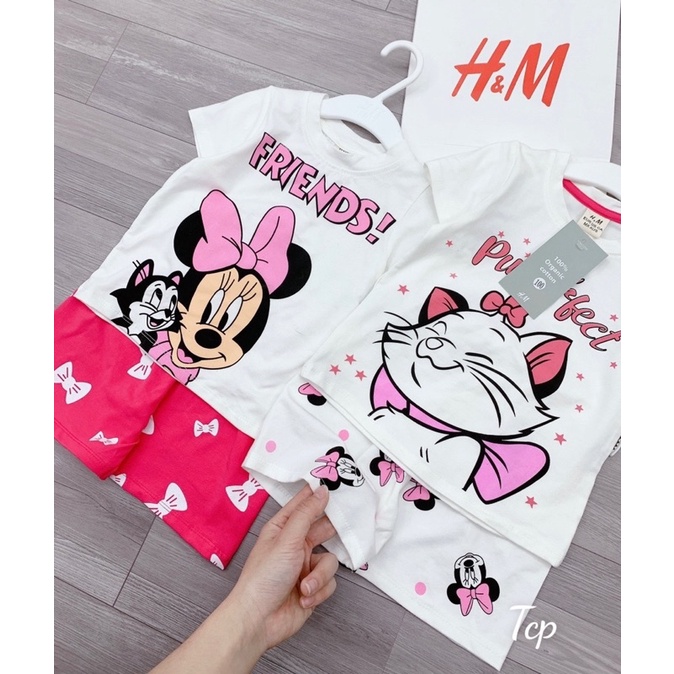 Đồ bộ mặc nhà bé gái mèo kitty và Mickey Minnie cực xinh, Set 2 bộ ngắn tay thun cotton mùa hè mát mẻ dễ thương