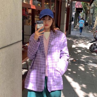ORDER - áo khoác blazer dáng rộng kẻ màu tím