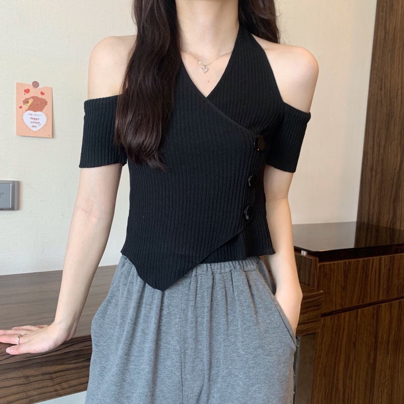 Mỏng treo cổ V-CỔ quây đan Áo Sơ Mi Áo Sơ Mi Ngắn Tay