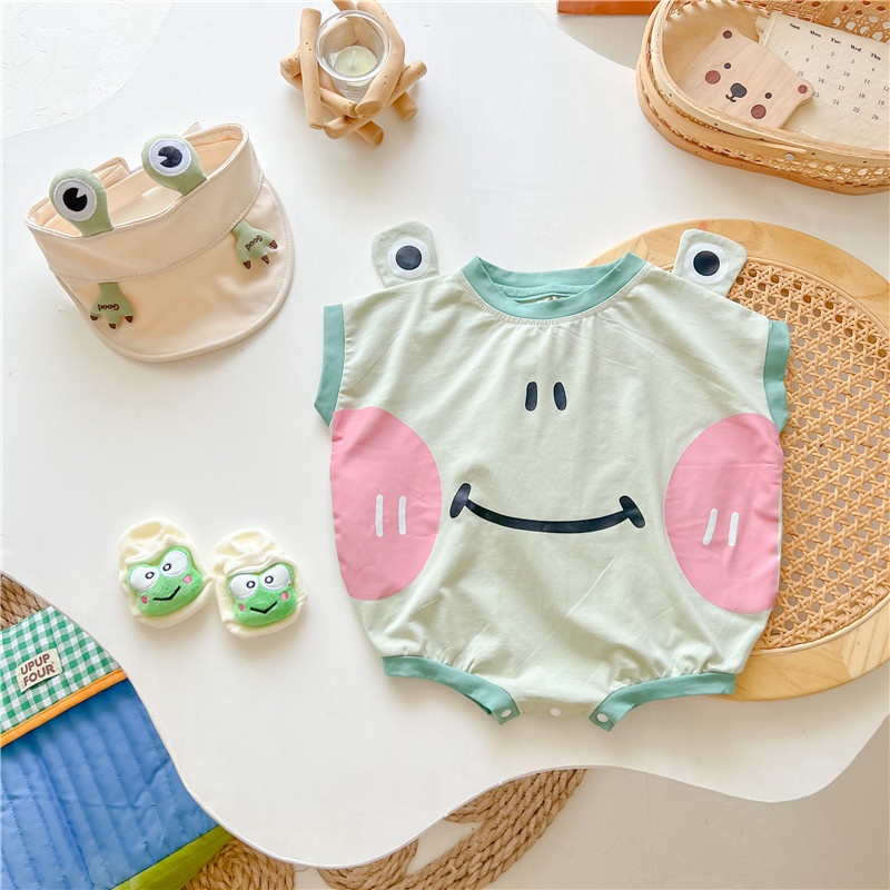 Sun baby Bộ Áo Liền Quần / Mũ Thuyền Vải cotton In Hình Ếch Hoạt Hình Dễ Thương Thời Trang Mùa Hè Cho Bé 0-2 Tuổi