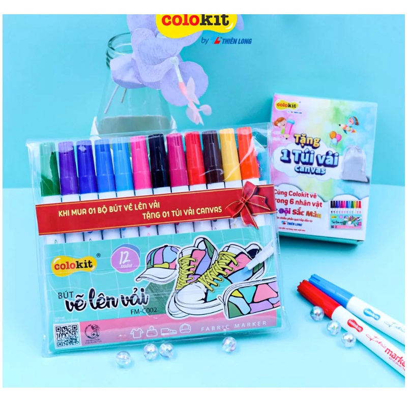 Bút vẽ lên vải 12 màu Fabric Marker FM-C002 - Tặng kèm túi vải Canvas