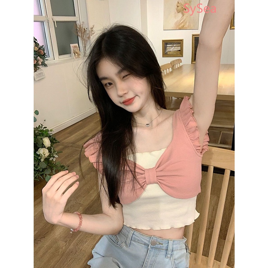 Áo Hai Dây Mùa Hè Thắt Nơ Phong Cách Pháp Cho Nữ