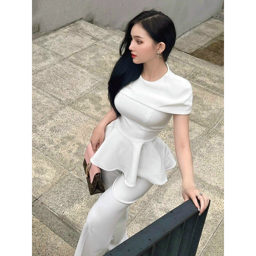 Set bộ đồ nữ thiết kế, set áo cổ tròn cộc tay dáng xòe pelum phối quần dài ống suông sang trọng mtb