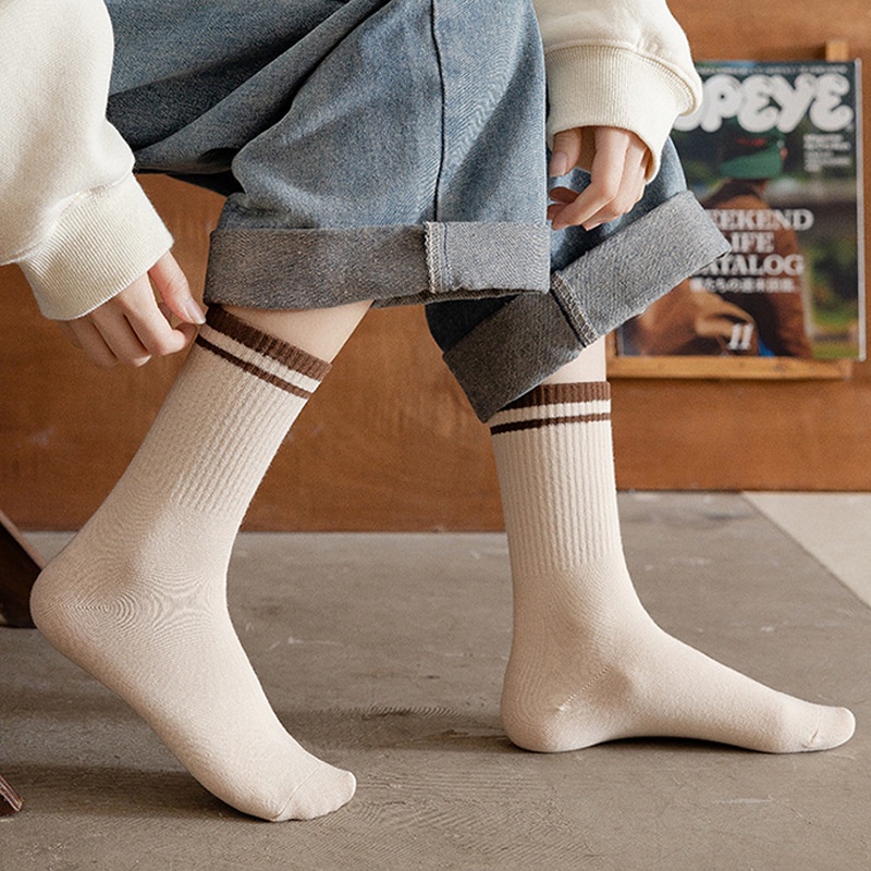 Set 5 Đôi Vớ Cotton Thoáng Khí Họa Tiết Kẻ Sọc Cổ Điển Dành Cho Các Cặp Đôi