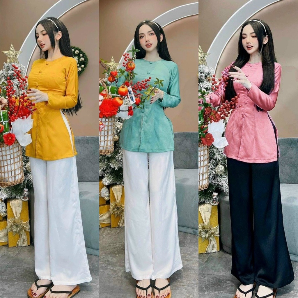 Set Bộ Lam Satin Bà Ba Đính Bọc Khuy Tay Dài Quần Dài Ống Rộng Sang Chảnh, Dành Cho Các Nàng Đi Chùa, Lễ Hội