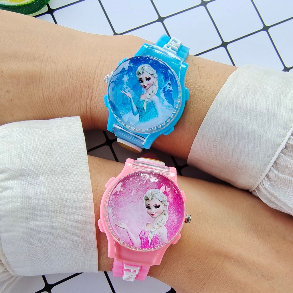 Đồng Hồ Thạch Anh Dạ Quang Nắp Lật Hình Công Chúa Elsa Frozen Cho Trẻ Em Mới