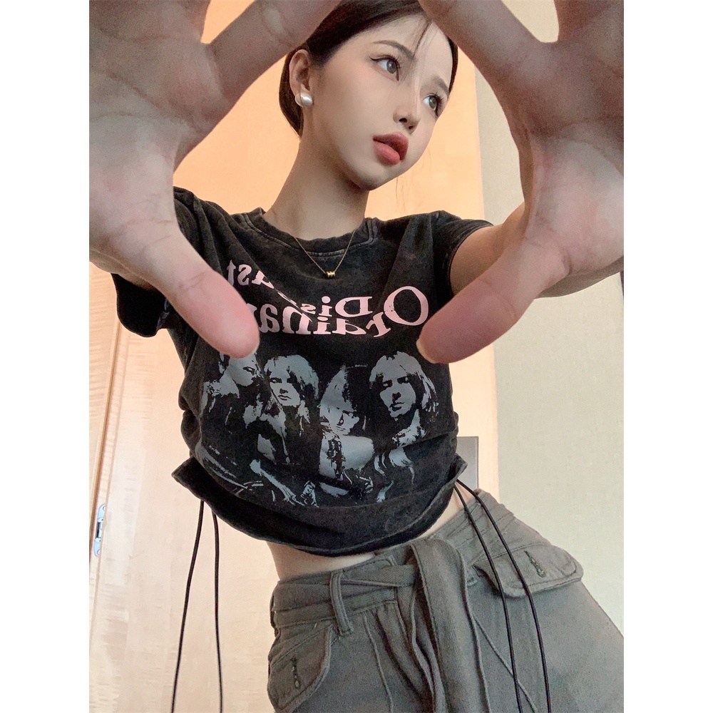 Áo Thun Ngắn Tay Màu Đen In Họa Tiết Kiểu Retro Phối Dây Rút Thời Trang Cho Nữ