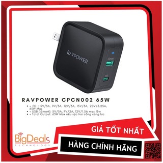 [Mã 99ELHA giảm 7% đơn 300K] Củ sạc 2 cổng type C Pd và USB Ravpower RP-CNCN002 65W GAN - BigDeals VN