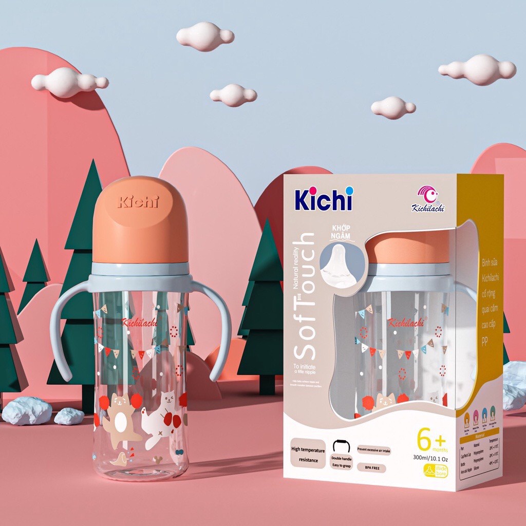 Bình Sữa Cổ rộng Kichi, Bình sữa cho bé nhựa PP 160ml/ 240ml/300ml ( Có quai cầm )