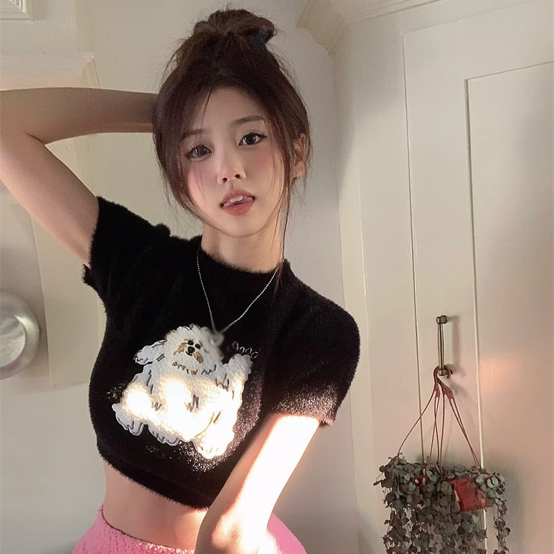 Áo Thun Croptop Dệt Kim Tay Ngắn Cổ Tròn In Hình Cún Con Dễ Thương Cho Nữ