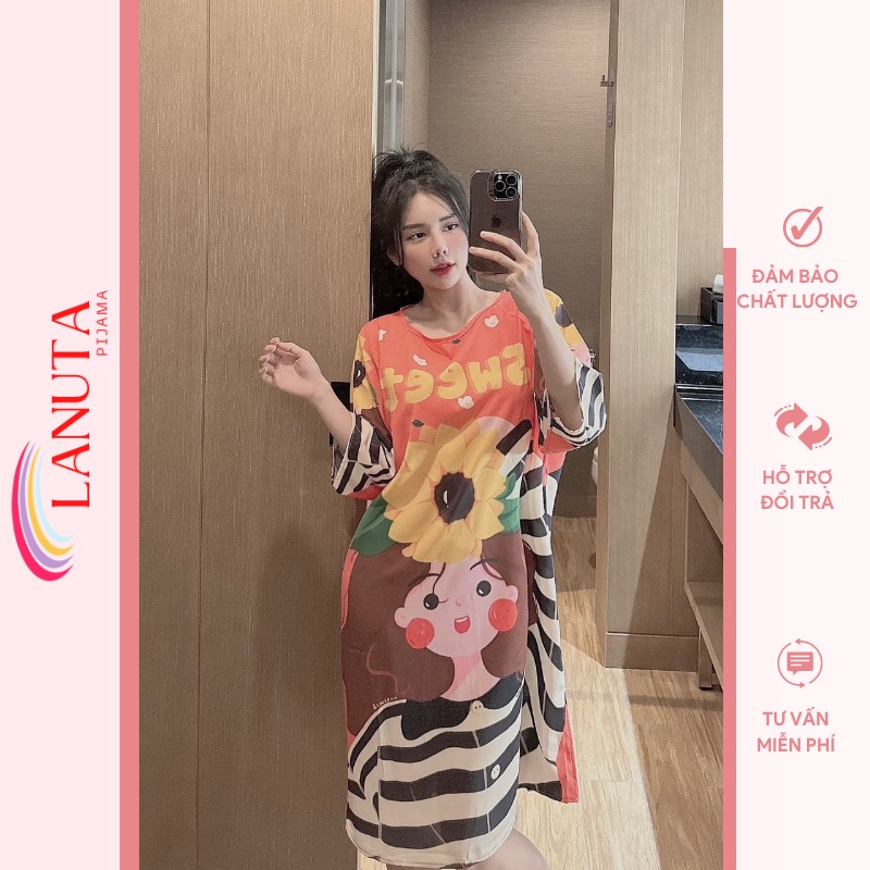 Váy Ngủ Mặc Nhà Đầm Ngủ Dễ Thương Cute Dáng Dài Xuông Cổ Tròn Lụa mango Mềm Nhẹ Mát in 5D Thiết Kế Xinh Đẹp LANUTA EQ