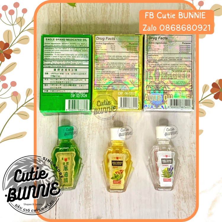 Dầu gió Xanh Trắng Vàng Con Ó Mini 3ml date 2027 / Eagle Brand / Hàng Nội địa Singapore